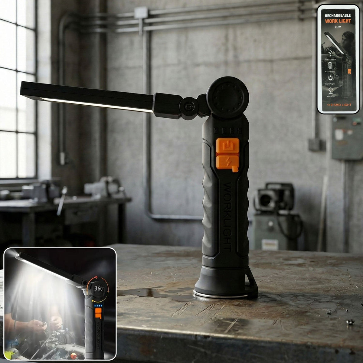 Rechargeable LED Work Light – 360° Adjustable Head & Magnetic Base