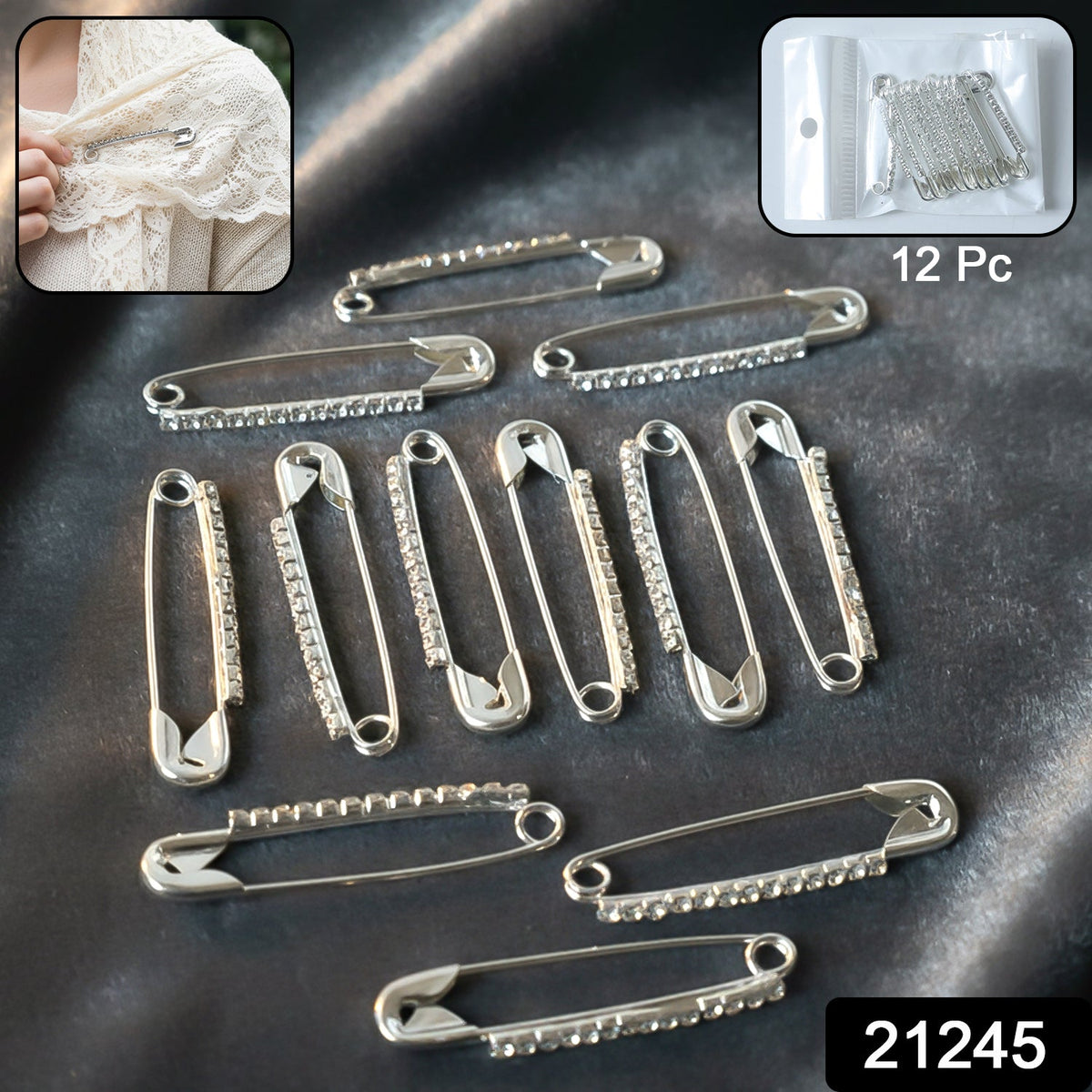 Silver Safety Pin Brooch Set – Elegant Crystal Accent 12 Pc