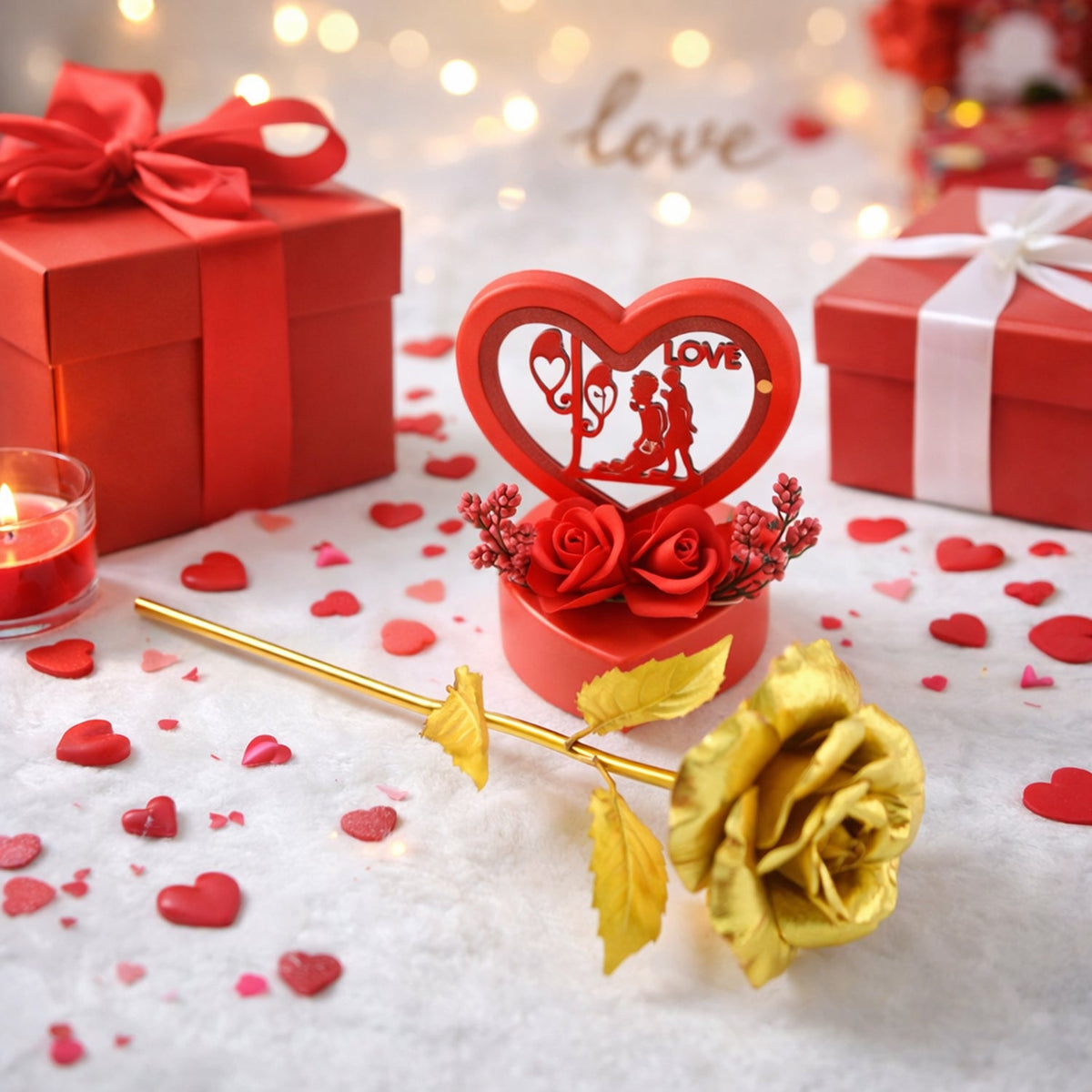Heart Love Decorative Showpiece – Elegant Golden Rose Gift Set