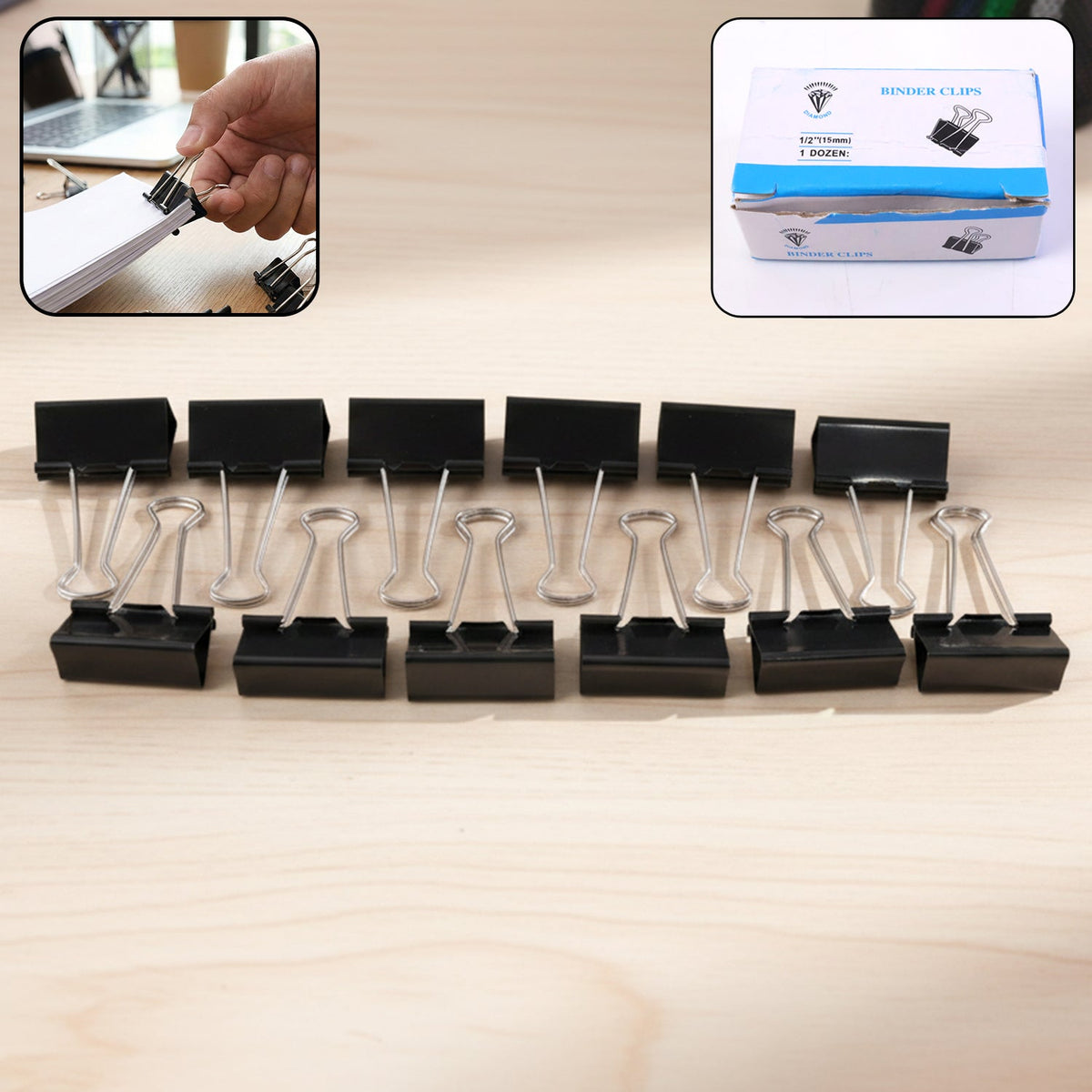 Black Metal Binder Clips – Strong 15mm Paper Holders, 12-Pack