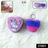 Cartoon printed heart shape gift box in vibrant colors included in the 2-piece gift set