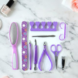 Close-up of manicure and pedicure nail care kit tools for personal grooming