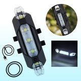 Rechargeable LED bicycle safety light mounted on a bike handlebar and seat post for visibility.