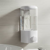 Wall mount lotion dispenser featuring manual push button