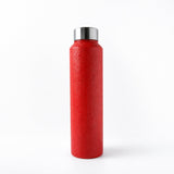 Top view of red stainless steel water bottle showing screw cap