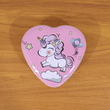 Decorative heart shaped metal storage box with unicorn theme