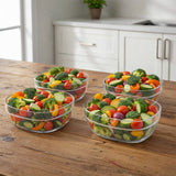 Neatly stacked transparent serving bowls for compact storage