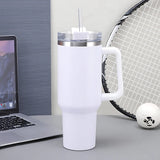 Side view of insulated stainless steel travel tumbler with straw lid