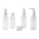 Travel bottle combo including pump, spray, and flip cap refillable containers