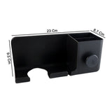 Side view of wall mounted hair dryer holder with multipurpose organizer
